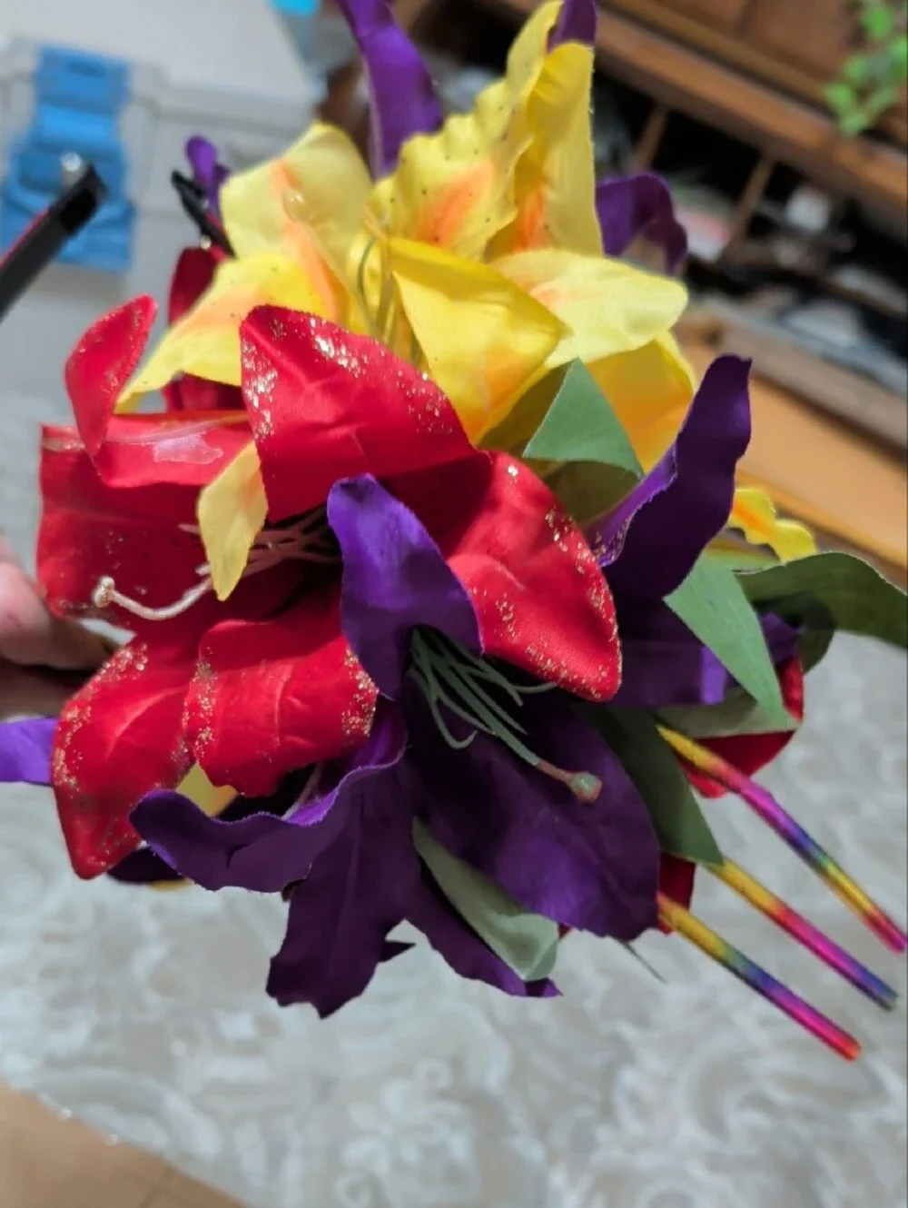 Festive Multicolor Faux Floral Headband with Red, Yellow & Purple Blooms